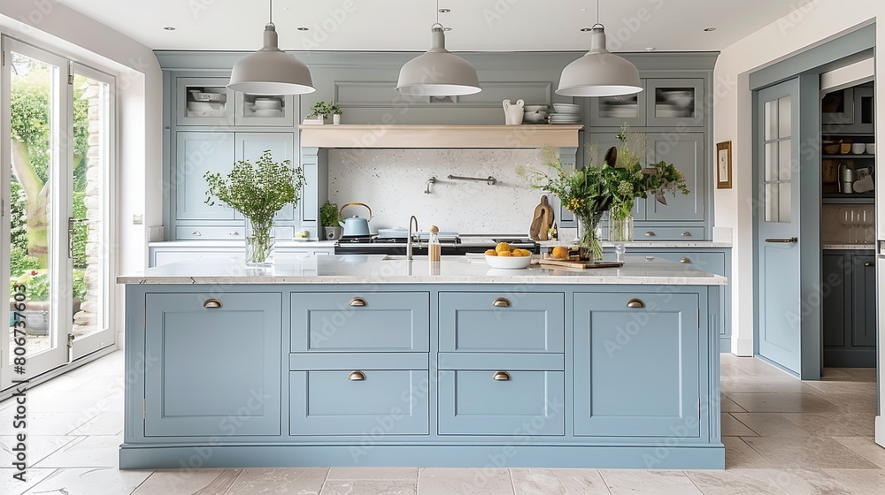 Pale blue kitchen cabinets with soft gray island and soft gray pendant lights. Pale blue kitchen cabinets with soft gray island and soft gray pendant lights.