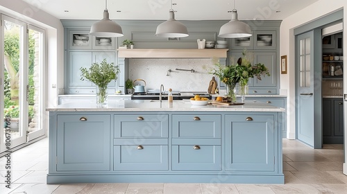 Pale blue kitchen cabinets with soft gray island and soft gray pendant lights. photo