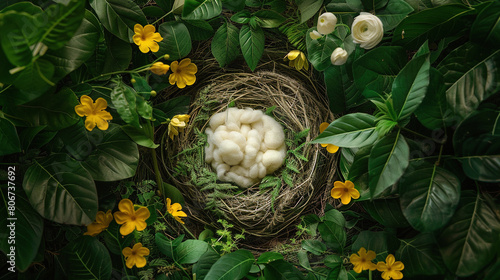 A big nest with white wool inside, surrounded in the style of green leaves and yellow flowers on the ground, photography backdrop for newborn photos.