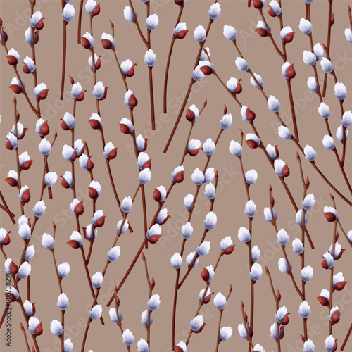 Seamless pattern with willow branches. Spring texture for Easter. Great for wallpaper, textiles, wrapping paper, scrapbooking