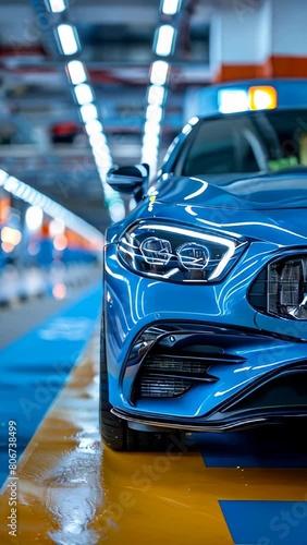 A blue car is parked in a parking lot. The car is shiny and has a nice color
