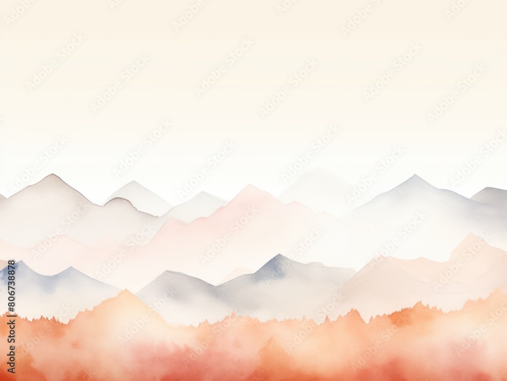 Peach tones watercolor mountain range on white background with copy space display products blank copyspace for design text photo website web banner 