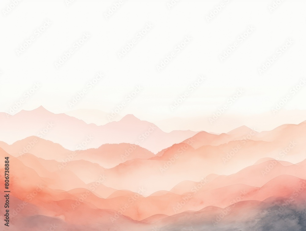 Peach tones watercolor mountain range on white background with copy space display products blank copyspace for design text photo website web banner 