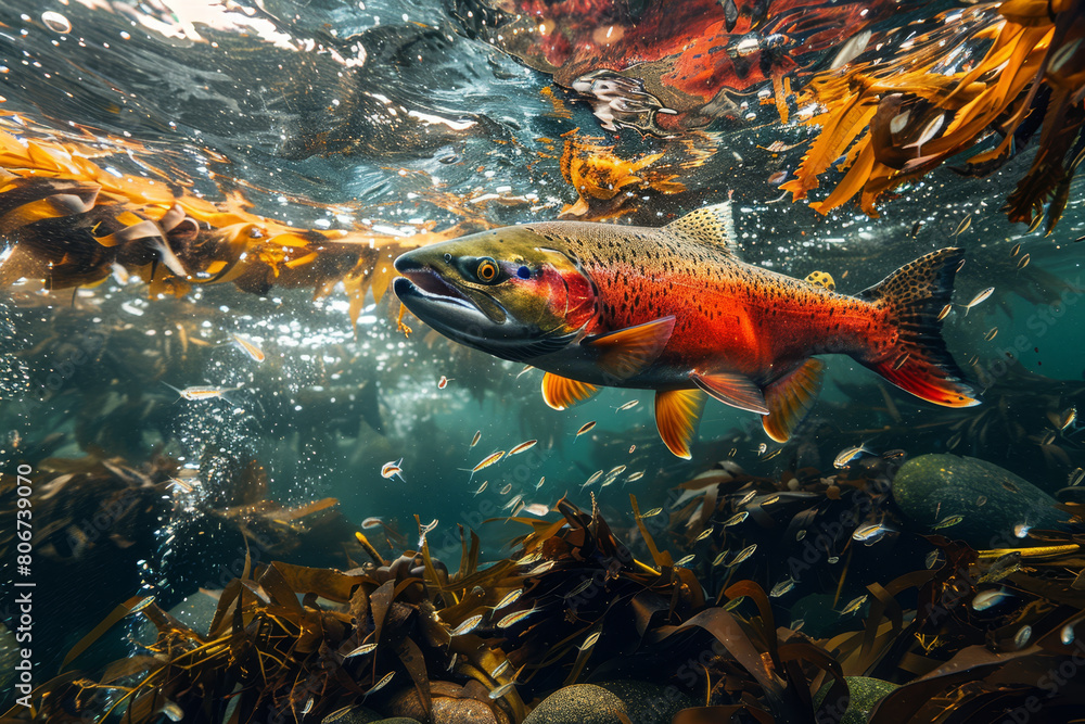 Vibrant Red Sockeye Salmon School Underwater. Vibrant Red Sockeye Salmon School Underwater.