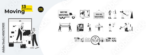 Relocation moving black and white cartoon flat illustration bundle. Packing boxes adults diverse 2D lineart characters isolated. Loading van, rental app monochrome vector outline image collection