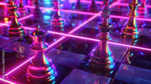 futuristic-neon-lit-chessboard-with-glowing-pieces-strategy-game-concept photo