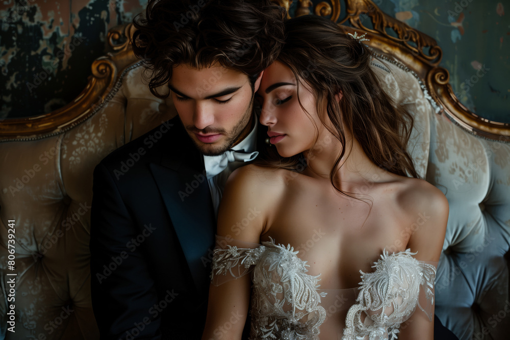Elegant Wedding Portrait of Young Couple Embracing in Luxurious Setting. Elegant Wedding Portrait of Young Couple Embracing in Luxurious Setting.