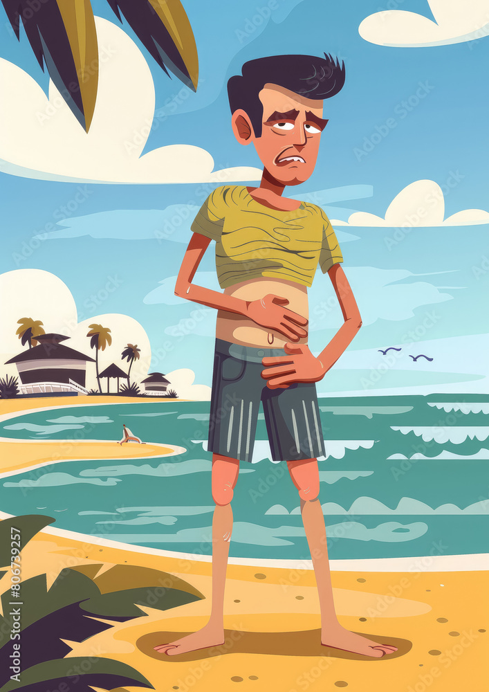 sad man holds his hand on his sore stomach at the resort, summer, diarrhea, beach, illness, pain, stomach-ache, poisoning, pain, upset stomach, vacation, sick, people, health