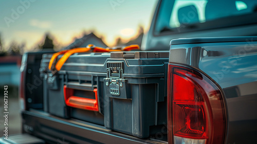 Compact toolbox on the tailgate of a pickup truck photo