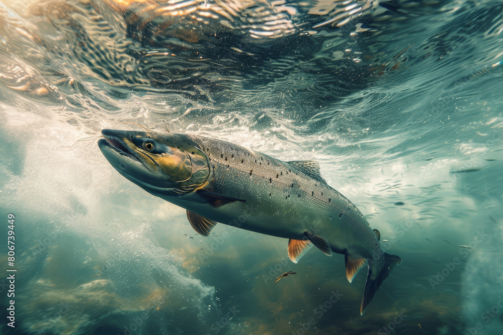 Atlantic Salmon Swimming in Sunlit Waters. Atlantic Salmon Swimming in Sunlit Waters.