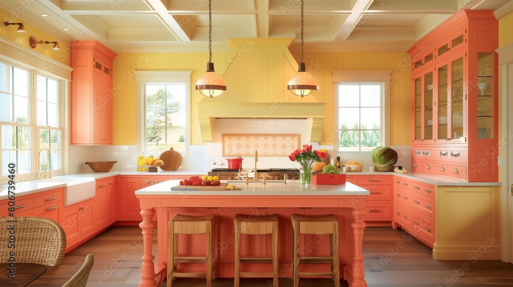 Pale yellow kitchen island with coral cabinets and coral pendant lights.