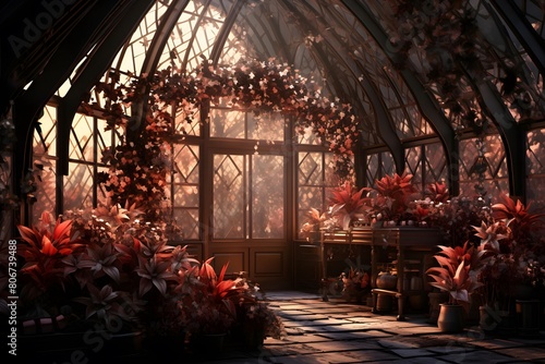 A panoramic shot of a greenhouse with a lot of plants
