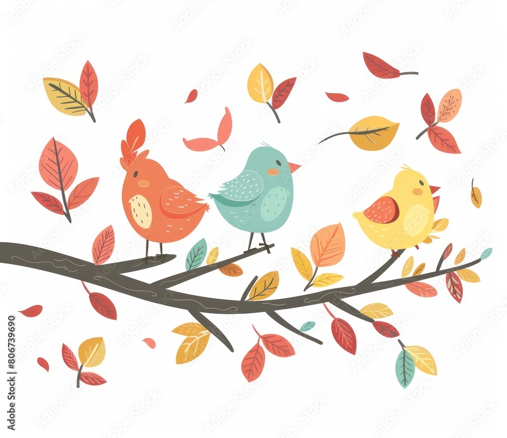 Joyful Birds Chatter on a Branch with Autumn Leaves Drifting - Generative AI Joyful Birds Chatter on a Branch with Autumn Leaves Drifting - Generative AI
