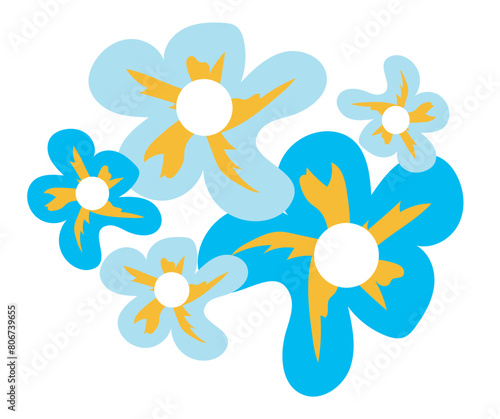 Blue daisy flower heads in flat design. Abstract blooming bouquet. Vector illustration isolated.