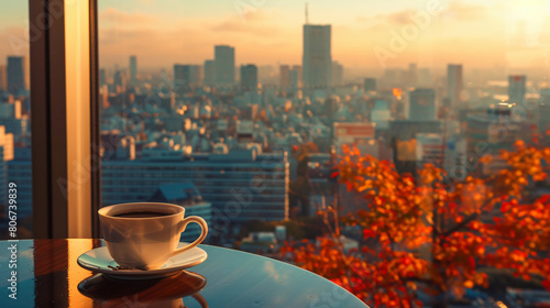 A cup of coffee on a table overlooking an autumn