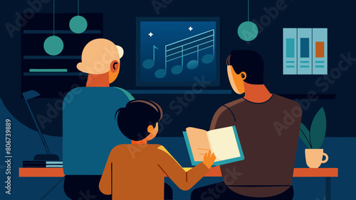 In a dimly lit room a mentor and mentee sit together listening to an album in its entirety and analyzing the lyrics and musical arrangements. Vector illustration