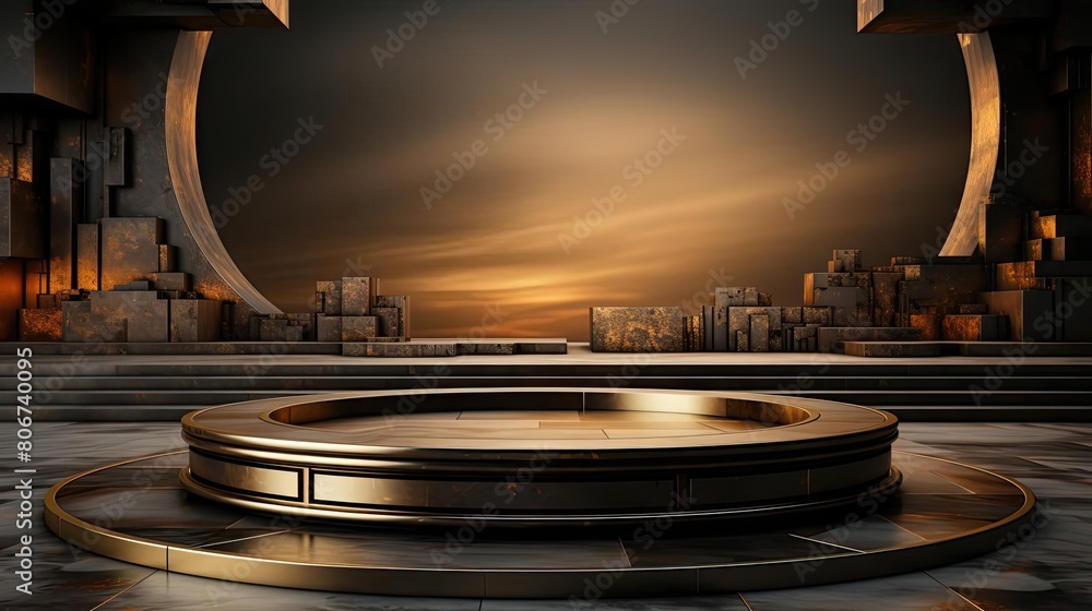 podium product stand or display with gold, luxury background and cinematic light podium product stand or display with gold, luxury background and cinematic light