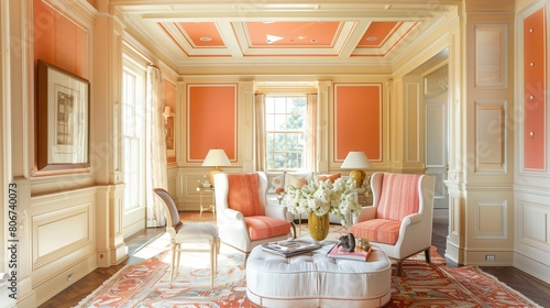 Pale yellow walls with coral wainscoting and coral ceiling with pale yellow crown molding.