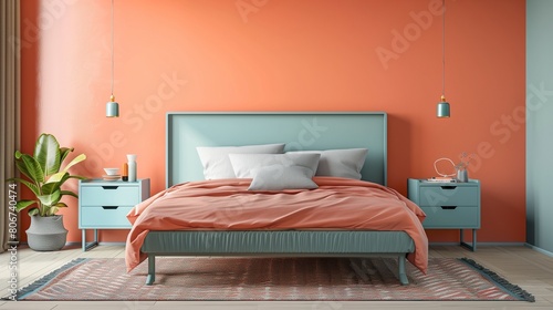 Wallpaper Mural Peach accent wall behind a sky blue bed with sky blue nightstands. Torontodigital.ca
