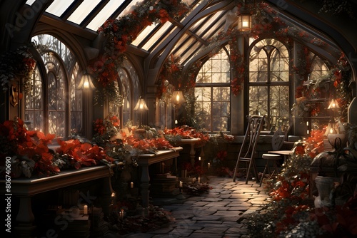 Autumn garden in gothic style with red flowers and plants