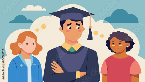 At a family gathering a recent college graduate shares their fears about how their large student debt will affect their ability to pursue their dream. Vector illustration