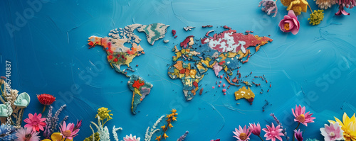 Floating Colorful Flowers Over a World Map Depicting Global Beauty