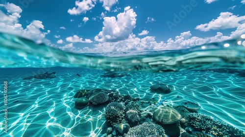 underwater view of a coral reef with many colorful fish swimming in blue clear water. scuba diving. snorkeling. summer rest