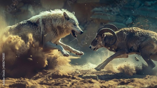 A wolf and a goat are running through the woods
