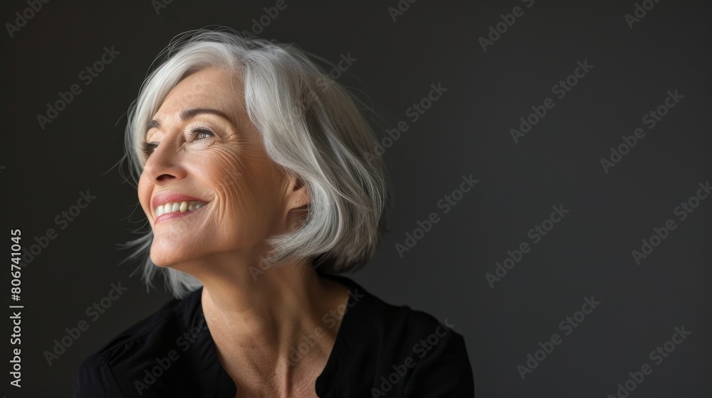 Joyful Senior Woman Smiling with Upward Gaze Joyful Senior Woman Smiling with Upward Gaze