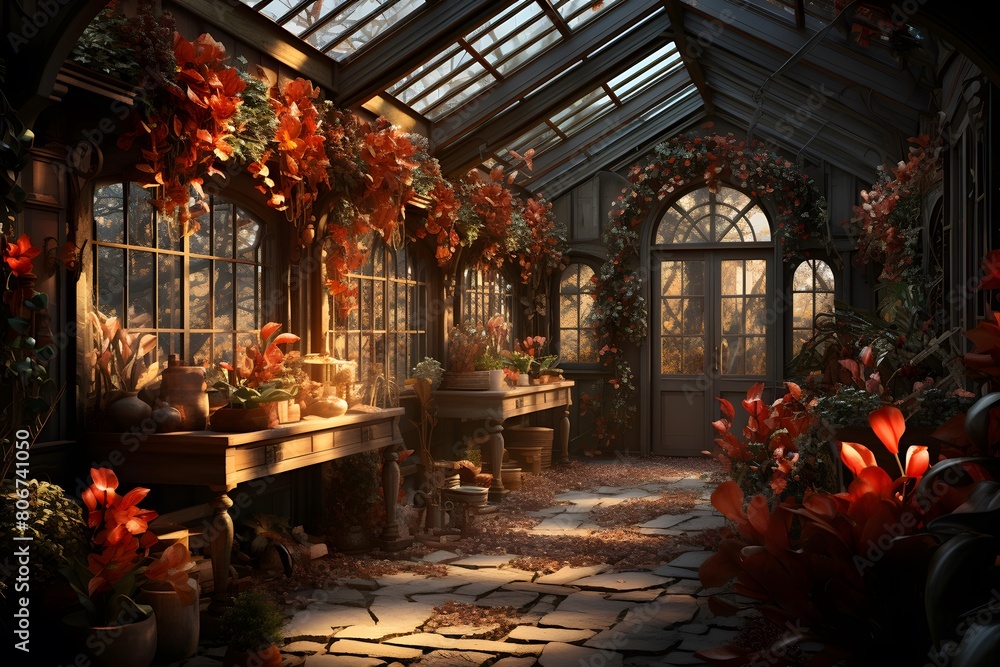 3d render of a beautiful greenhouse with flowers and plants in autumn
