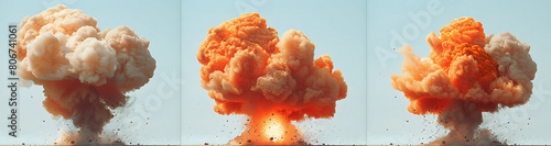 A sequence of three images showing the progression of an explosion, transitioning from a large white plume to a fiery orange burst against a clear blue sky.