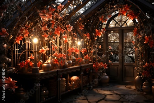 Interior of a greenhouse with red flowers and lanterns in the evening