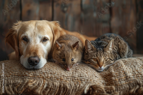 Cat, Dog, and Mice Together: Peaceful Coexistence © bajita111122