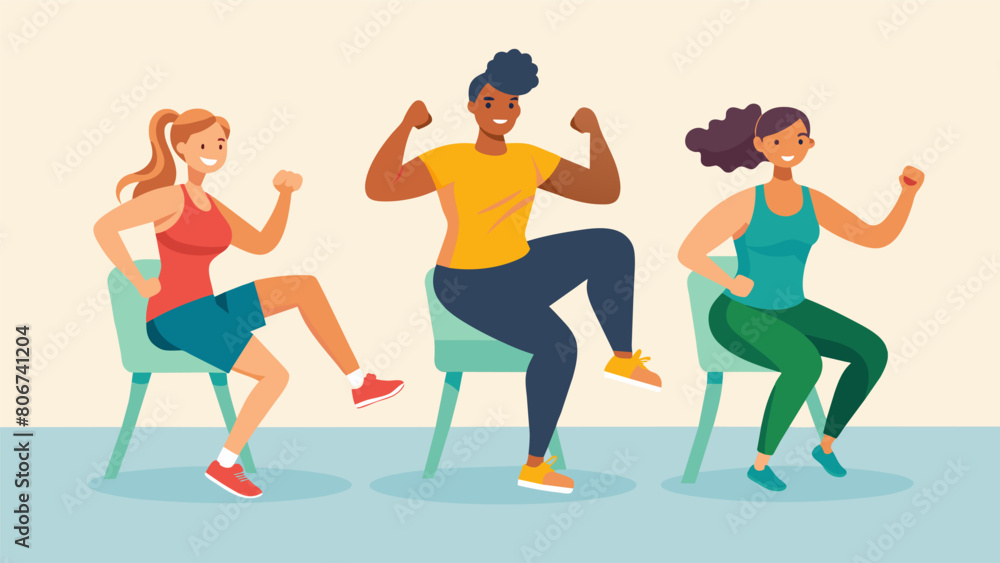 A group of individuals performing seated jump squats and arm punches in a highintensity chair Zumba class.. Vector illustration A group of individuals performing seated jump squats and arm punches in a highintensity chair Zumba class.. Vector illustration