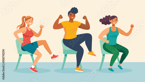A group of individuals performing seated jump squats and arm punches in a highintensity chair Zumba class.. Vector illustration