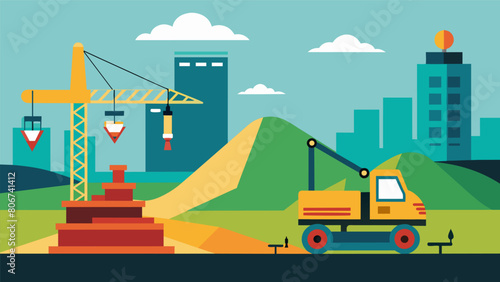 In the distance cranes and bulldozers can be seen at work while the model gives a full view of what the site will eventually look like.. Vector illustration
