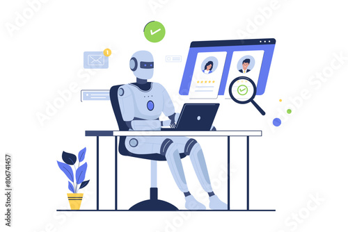 Artificial intelligence robots scan CV to hire people. Flat vector illustration