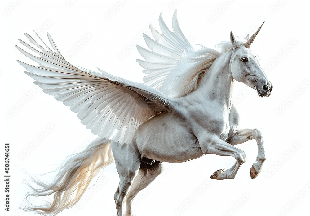 A majestic white pegasus in mid-flight, isolated on a white background, showcasing its powerful wings and flowing mane. A majestic white pegasus in mid-flight, isolated on a white background, showcasing its powerful wings and flowing mane.