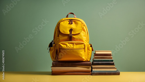 Front view of school bag with books isolated on green background with copy space background. Back to school concept. photo