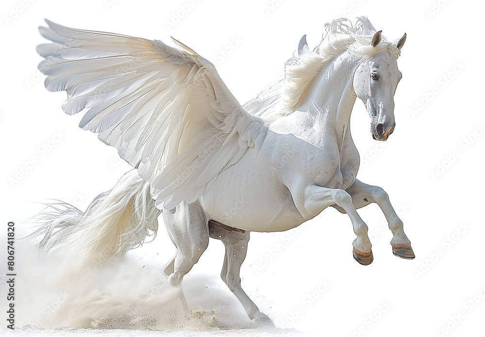 A majestic white Pegasus with large wings galloping on a white background, showcasing its grace and mythical beauty. A majestic white Pegasus with large wings galloping on a white background, showcasing its grace and mythical beauty.