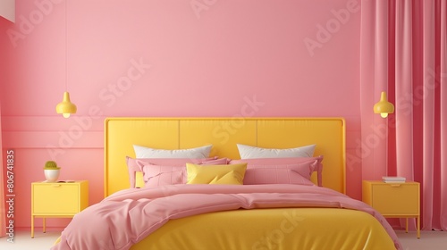Pink accent wall behind a yellow bed with yellow nightstands.