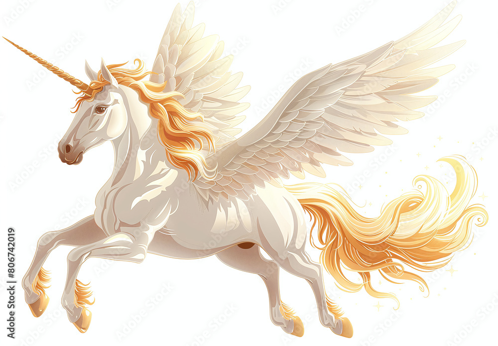 Illustration of a majestic flying unicorn with golden mane and wings, set against a plain background. Illustration of a majestic flying unicorn with golden mane and wings, set against a plain background.
