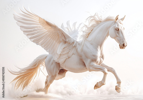 A majestic white Pegasus with large wings in mid-flight against a soft  light background.