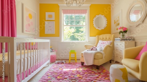 Pink accent wall in a yellow nursery with yellow furniture and pink accents.