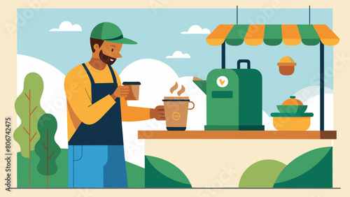 A shopper sampling organic fair trade coffee at a refillable station before purchasing a bag to take home.. Vector illustration