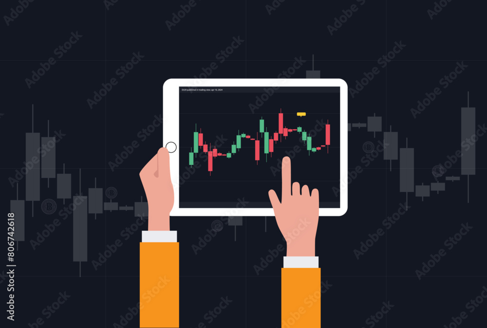 Follow the chart in illustrator cartoon style, style flat, Use your tablet and monitor coin or stock charts, vector eps 10 Follow the chart in illustrator cartoon style, style flat, Use your tablet and monitor coin or stock charts, vector eps 10