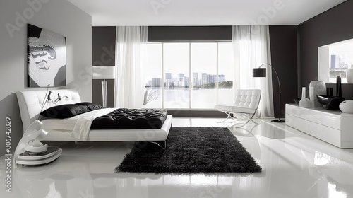 modern minimalist bedroom with monochrome palette featuring a white bed with black pillows, a white chair, and a black rug on a shiny white floor the room is illuminated by a large