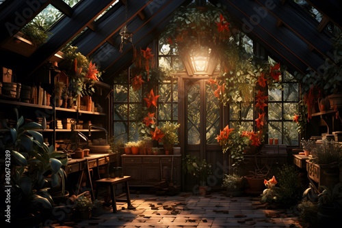 Panoramic view of a cozy greenhouse with flowers and plants.