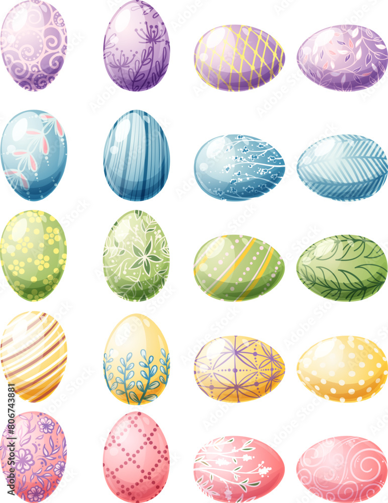 Easter eggs on isolated background. A set of colorful chicken eggs. Great for decor, design, stickers for Happy Easter.