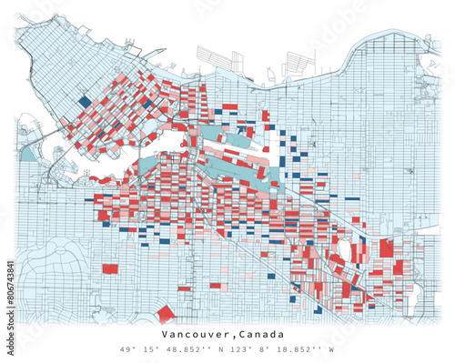 Vancouver ,Canada,city centre,Urban detail Streets Roads color Map  ,vector element template image